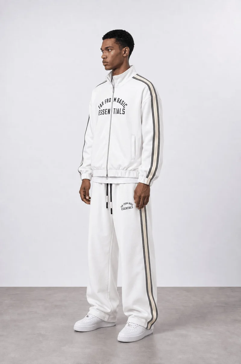 Respire Men's Essentials Doubleface Tracksuit with Stripe Detail, Ecru