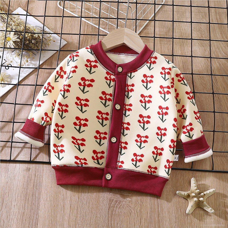 2024 Autumn and Winter New Childrens All-match Knitted Coat Boys Girls Baby Warm Cardigan Thickened Outer Wear Sweater Wt05-tree branch cherry 