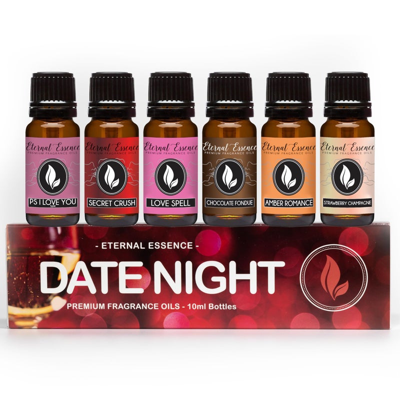 Eternal Essence Oils Date Night Set of 6 Premium Fragrance Oils - Includes PS I Love You, Amber Romance, Secret Crush, Chocolate Fondue, Strawberry Champagne, and Love Spell Scented Oils - 10ML - Image 1