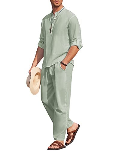 COOFANDY Mens 2 Pieces Cotton Linen Set Long Sleeve Henley Shirts Casual Beach Pants With Pockets Summer Yoga Outfits - Image 1