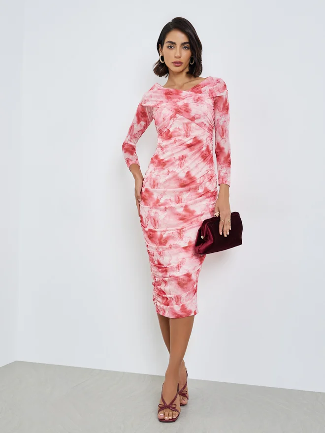 Styli Pink Floral Gathered Bodycon Midi Dress