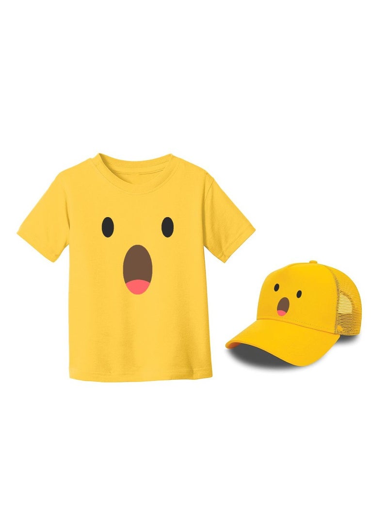 PRINTSHOP4ME - Kids Yellow Smiley Face Pack Of 2 T-Shirt And Cap Combo–Unisex Round Neck Short Sleeve Cotton T-Shirt - Image 1