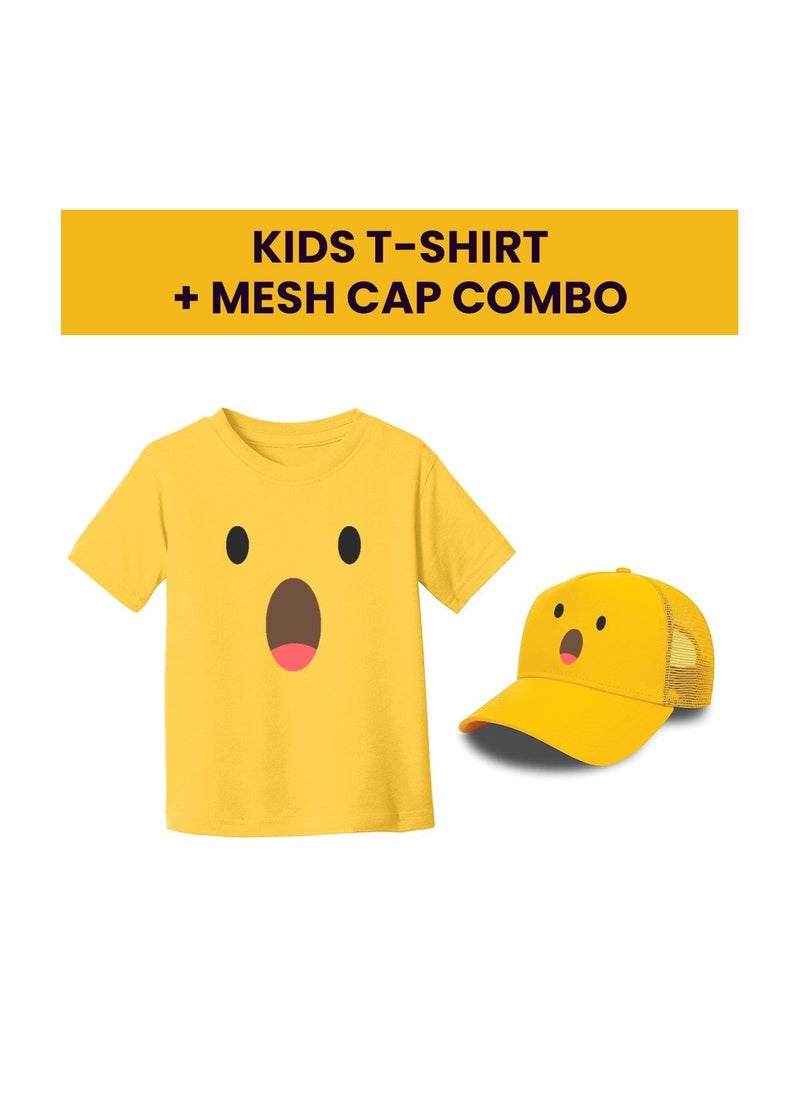 PRINTSHOP4ME - Kids Yellow Smiley Face Pack Of 2 T-Shirt And Cap Combo–Unisex Round Neck Short Sleeve Cotton T-Shirt - Image 1
