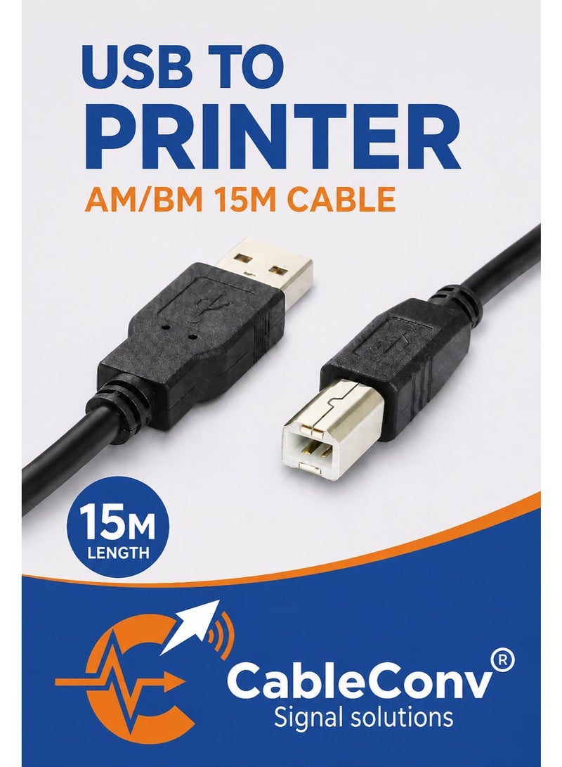 CABLE CONV USB 2.0 Active Extension Cable  Printer Cable, USB Printer Cord 2.0 Type A Male to B Male Cable Scanner Cord High Speed Compatible with HP, Canon, Dell, Epson, Lexmark, Xerox, Samsung 15m - Image 1