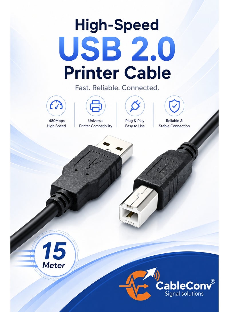 ​كابل كونف كابل طابعة، سلك طابعة USB 2.0 من النوع A ذكر إلى النوع B ذكر، سلك ماسح ضوئي عالي السرعة متوافق مع HP، Canon، Dell، Epson، Lexmark، Xerox، Samsung، طول 15 مترًا - Image 1