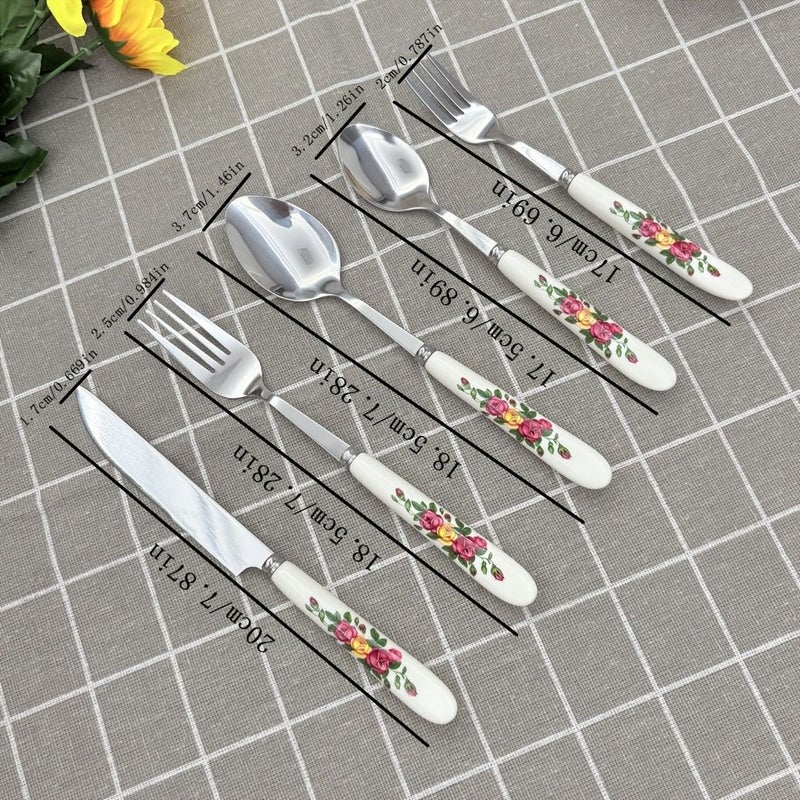 5 Piece Floral Print Ceramic Handle Stainless Steel Cutlery Set With Dinner Knife Forks Spoons And Small Forks Spoons For Home Restaurant Hotel Use - Image 3