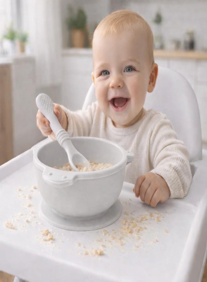 PRAJYA Silicone Baby Feeding Suction Bowl and Spoon, BPA Free Baby Feeding Bowl and Spoon Set for 6-12 Months, Soft Silicone Spoon for Self Feeding, Non-Slip Strong Suction Base (Gray) - Image 2