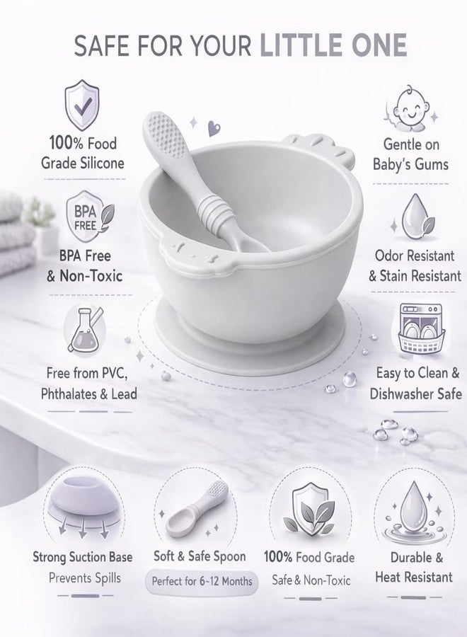 PRAJYA Silicone Baby Feeding Suction Bowl and Spoon, BPA Free Baby Feeding Bowl and Spoon Set for 6-12 Months, Soft Silicone Spoon for Self Feeding, Non-Slip Strong Suction Base (Gray) - Image 4