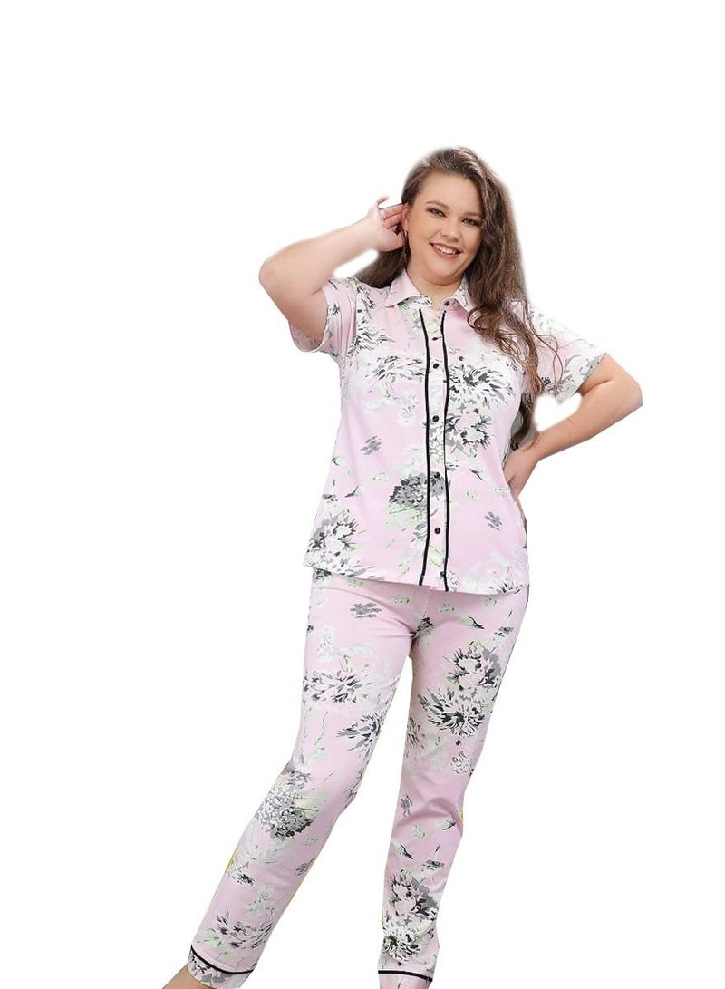 Ganna Women's short-sleeved pyjamas with buttons and summer long pants made of cotton large sizes 