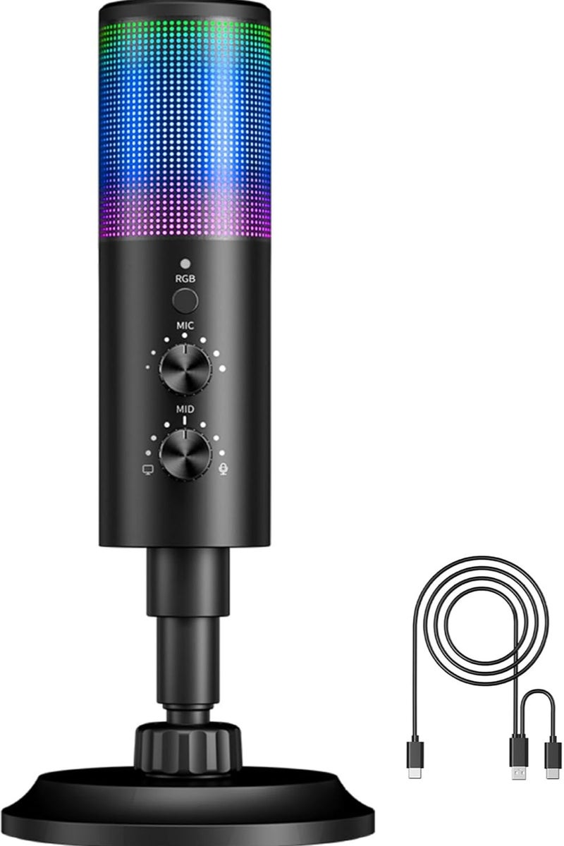 USB Gaming Microphone,PC Condenser Microphone with 11 RGB Lights with Mute, Noise Reduction, Gain Control, Sound Pressure Breathing Lights, headphones Jack for YouTube/MAC/Windows/Recording - Image 1
