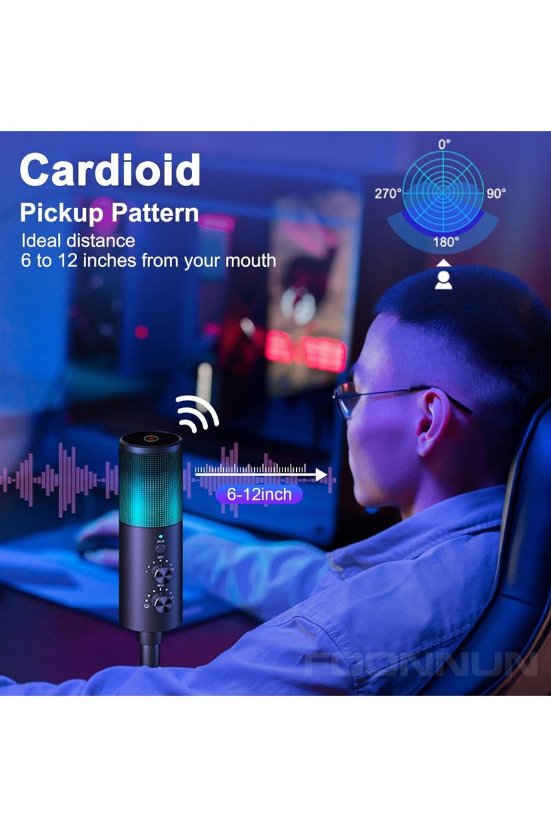 USB Gaming Microphone,PC Condenser Microphone with 11 RGB Lights with Mute, Noise Reduction, Gain Control, Sound Pressure Breathing Lights, headphones Jack for YouTube/MAC/Windows/Recording - Image 2
