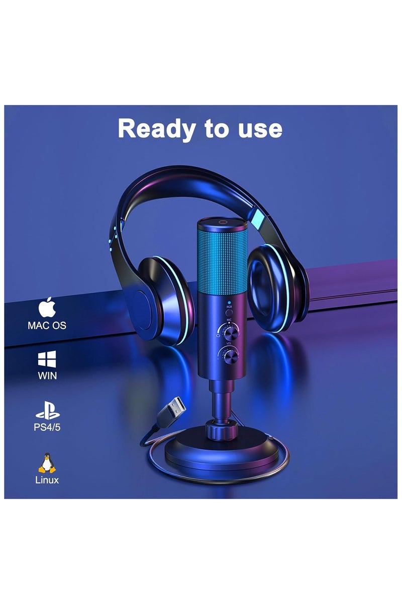 USB Gaming Microphone,PC Condenser Microphone with 11 RGB Lights with Mute, Noise Reduction, Gain Control, Sound Pressure Breathing Lights, headphones Jack for YouTube/MAC/Windows/Recording - Image 3