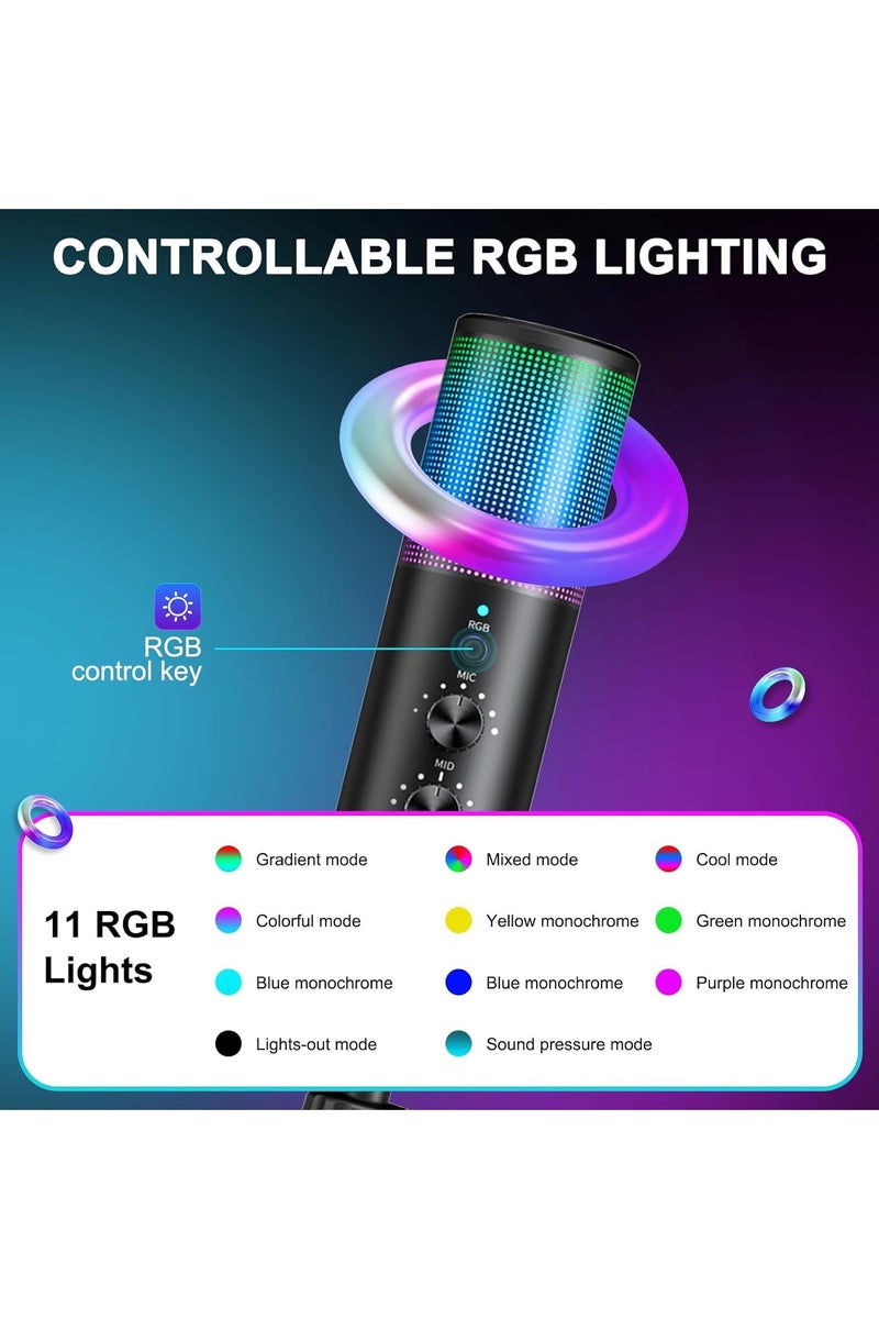 USB Gaming Microphone,PC Condenser Microphone with 11 RGB Lights with Mute, Noise Reduction, Gain Control, Sound Pressure Breathing Lights, headphones Jack for YouTube/MAC/Windows/Recording - Image 4
