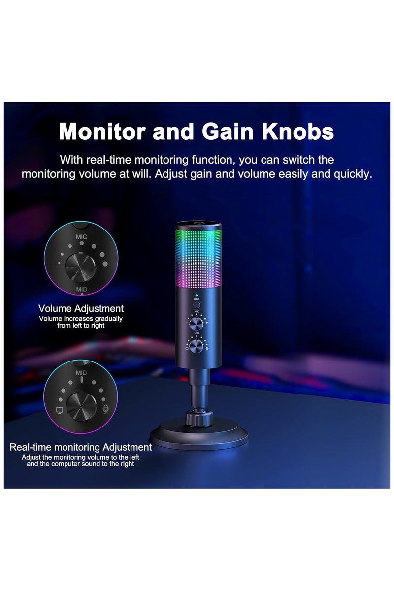 USB Gaming Microphone,PC Condenser Microphone with 11 RGB Lights with Mute, Noise Reduction, Gain Control, Sound Pressure Breathing Lights, headphones Jack for YouTube/MAC/Windows/Recording - Image 5