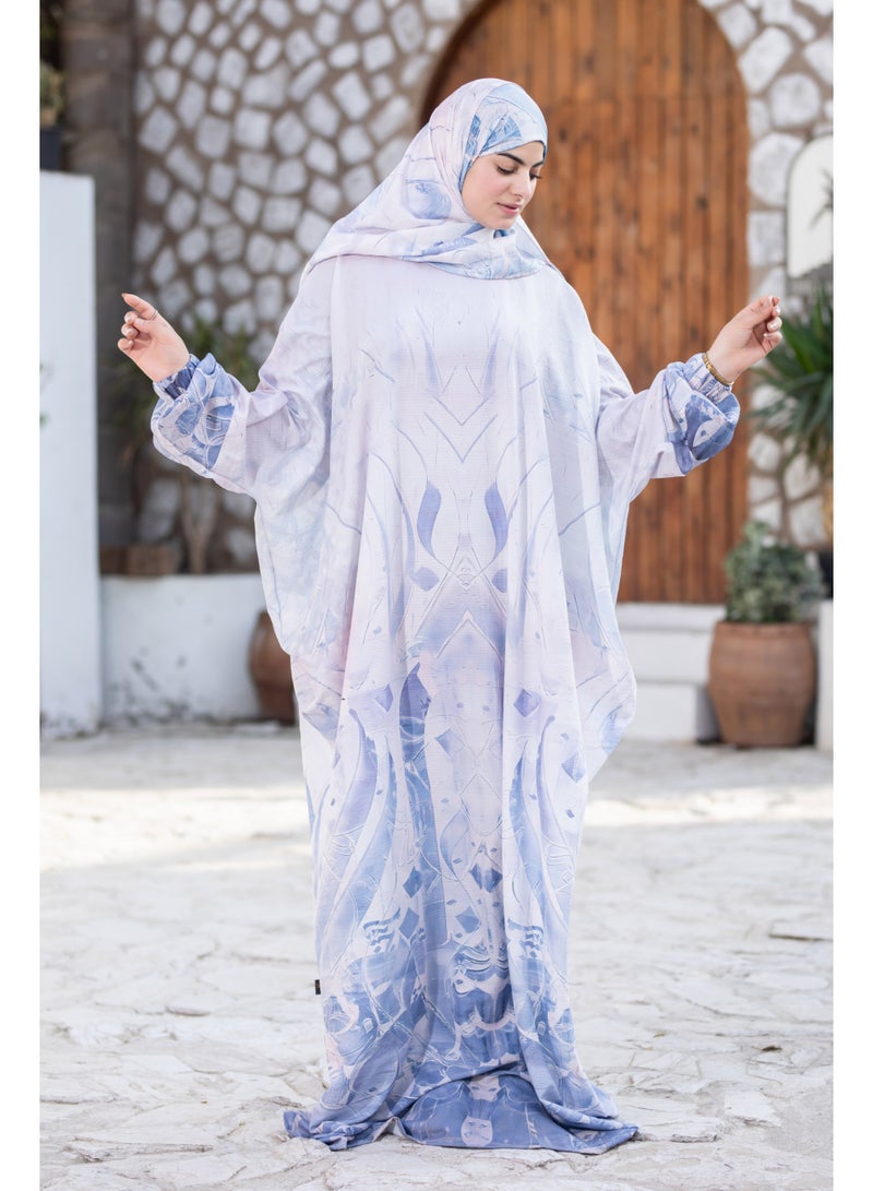 SATR HIJABI Elegant Pastel Blue Printed Isdal – Lightweight Modest Prayer Wear for Women - Image 3