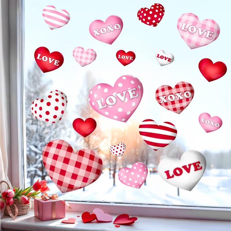 Bunny Chorus زينة عيد الحب ملصقات نوافذ: 8 أوراق كبيرة 3D قلوب حمراء وردية بيضاء ملصقات نوافذ عيد الحب، ملصقات قلوب منقوشة حب XOXO بتصميم مربعات للأطفال، المنزل، المكتب، الفصل الدراسي، حفلات الزفاف، حفلات عيد الميلاد - Image 4