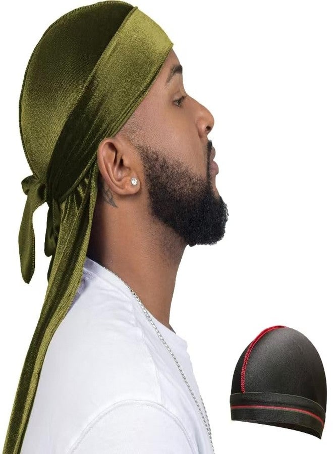 ForceWave Velvet Durag for Men Wave Cap Premium Dorag for Men Women 360 Wave (Olive Green) - Image 1