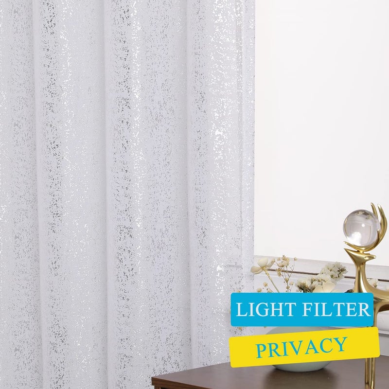 Terlytex Sheer Sparkle Curtains For Living Room - Chic Glitter White Sheer Curtains 84 Inch Length  Metallic Silver Foil Shiny Privacy Sheer Window Curtains  52 X 84 Inch  2 Panels  Silver White - Image 4
