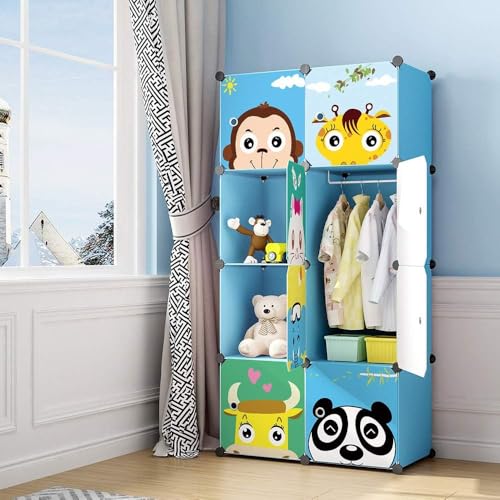 EXVITO 12 Door Kids Plastic Wardrobe for Clothes, Foldable Plastic Almirah for Clothes, Collapsible Wardrobe for Storage, Baby Cupboard for Clothes Storage - (Panda Blue, 8 Door) - Image 1