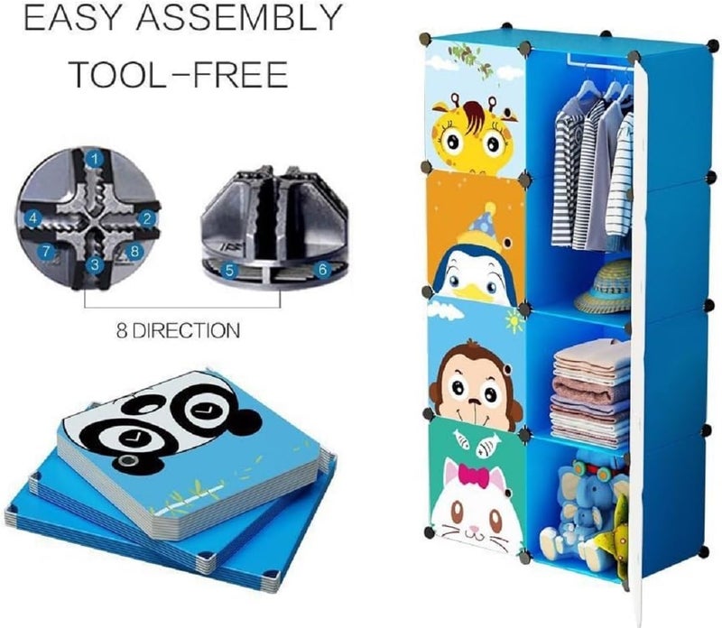EXVITO 12 Door Kids Plastic Wardrobe for Clothes, Foldable Plastic Almirah for Clothes, Collapsible Wardrobe for Storage, Baby Cupboard for Clothes Storage - (Panda Blue, 8 Door) - Image 3