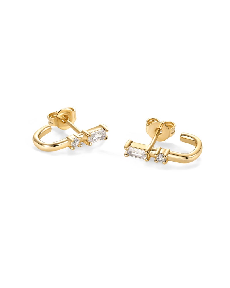 PAVOI 18K Yellow Gold Plated 925 Sterling Silver Posts Cubic Zirconia Half Huggie Earrings | Small Hoop Earrings for Women | Baguette CZ Dainty Stud Cuff Earring - Image 5
