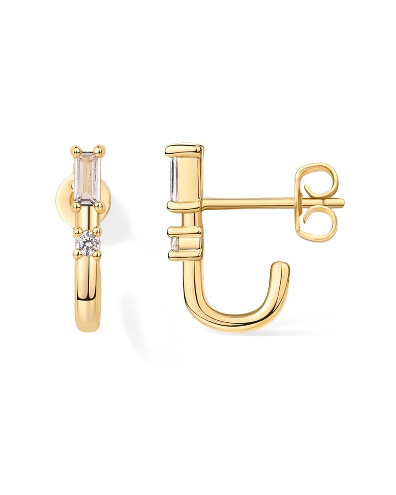 PAVOI 18K Yellow Gold Plated 925 Sterling Silver Posts Cubic Zirconia Half Huggie Earrings | Small Hoop Earrings for Women | Baguette CZ Dainty Stud Cuff Earring - Image 1