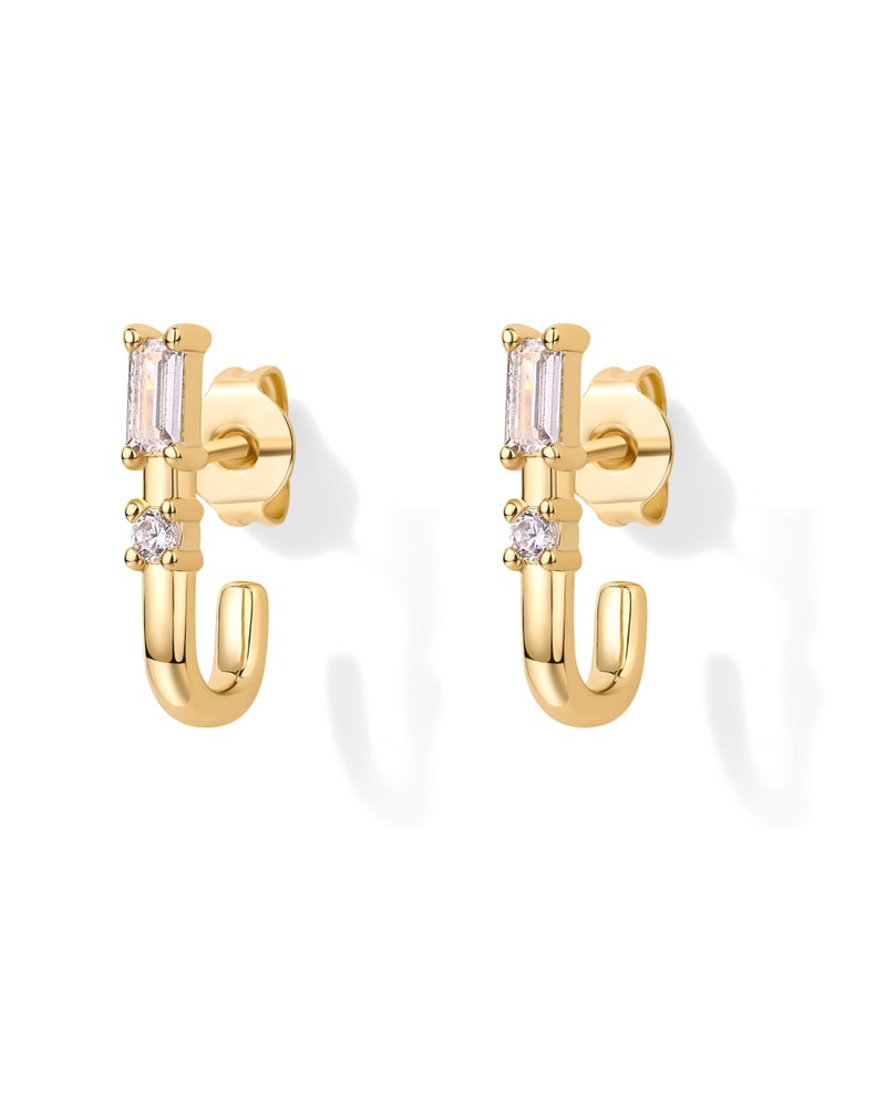 PAVOI 18K Yellow Gold Plated 925 Sterling Silver Posts Cubic Zirconia Half Huggie Earrings | Small Hoop Earrings for Women | Baguette CZ Dainty Stud Cuff Earring - Image 3