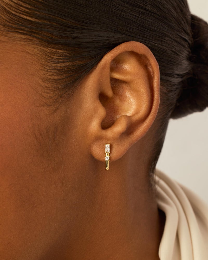 PAVOI 18K Yellow Gold Plated 925 Sterling Silver Posts Cubic Zirconia Half Huggie Earrings | Small Hoop Earrings for Women | Baguette CZ Dainty Stud Cuff Earring - Image 2