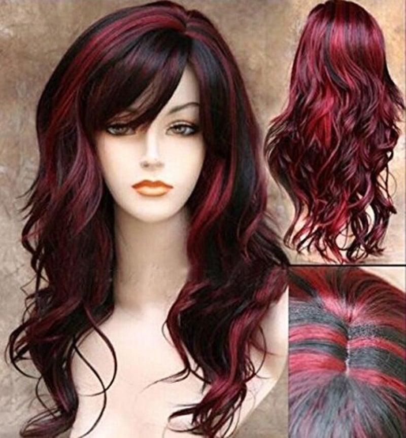 ANESHE Wig Womens 2 Tones Wine Red Mixed Black Big Wave Synthetic Hair Long Wavy Curly Hair Wigs RedBlack