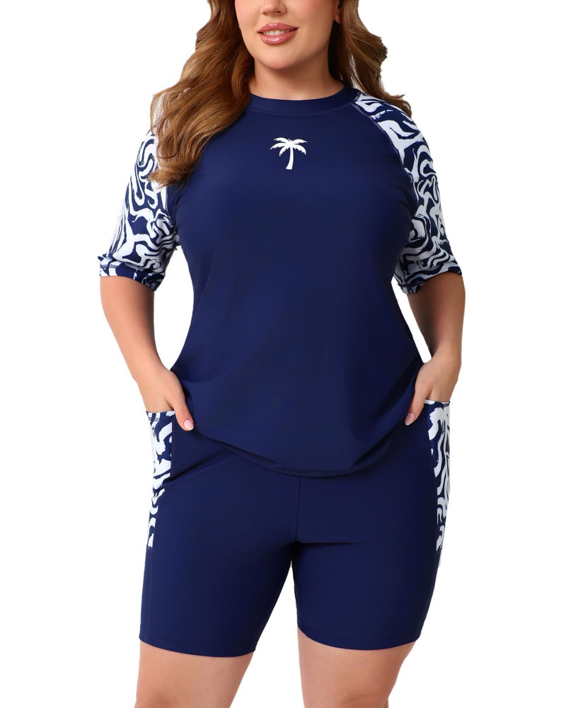 Halcurt Women Short Sleeve Built in Bra Plus Size Two Piece Swim Shorts and Shirt Conservative Swimsuits Navy 1X - Image 1