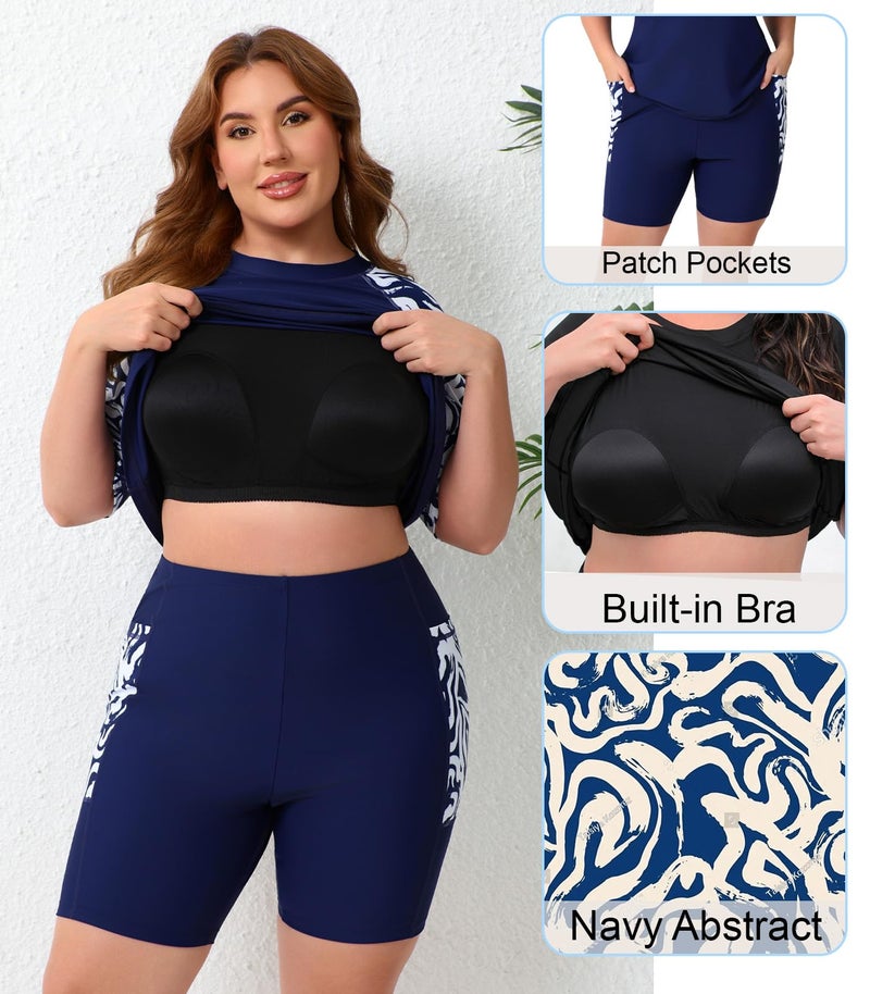 Halcurt Women Short Sleeve Built in Bra Plus Size Two Piece Swim Shorts and Shirt Conservative Swimsuits Navy 1X - Image 5