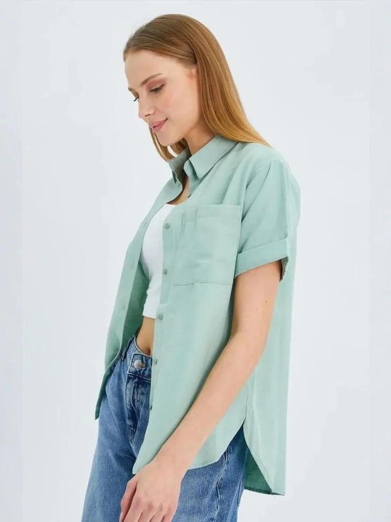 Mixray Sage Green MIXRAY Short Sleeve Shirt with Pockets for Women | Best Price UAE