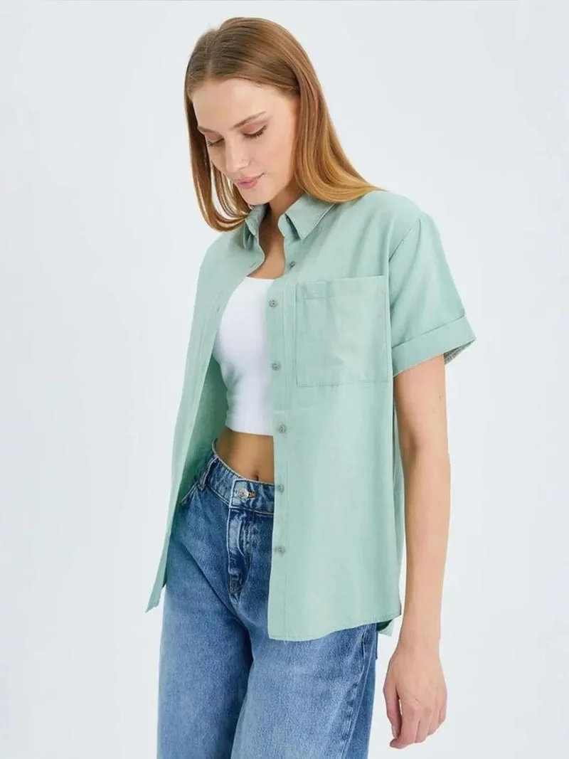 Mixray Sage Green MIXRAY Short Sleeve Shirt with Pockets for Women | Best Price UAE