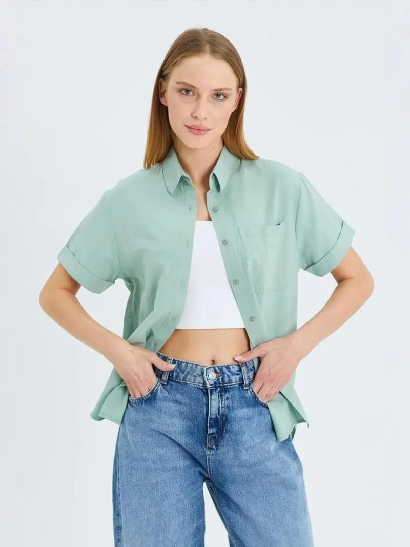 Mixray Sage Green MIXRAY Short Sleeve Shirt with Pockets for Women | Best Price UAE