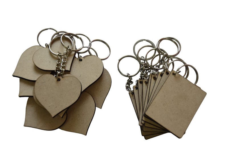 Ecomology Pack Of 50 (25Rectangle & 25Heart) 2 Shape Key Chains With Ring (50 x 50) mm | MDF Art And Craft With Smooth Surface | Mandala Art MDF Board Suitable For Decoupage - Image 1