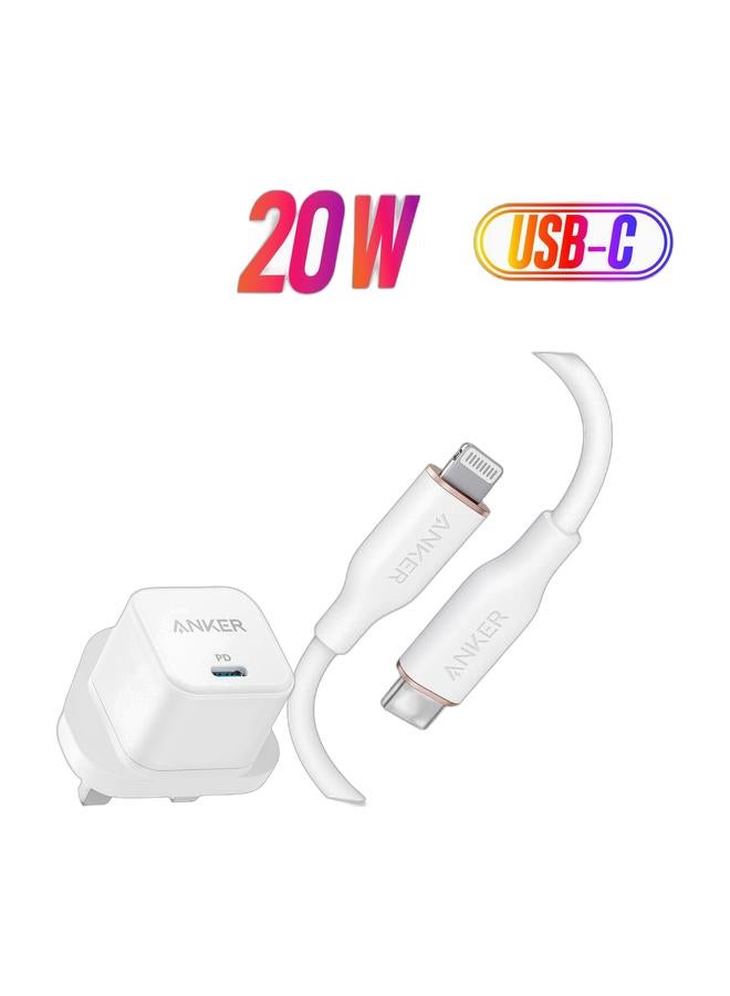 Anker iPhone 16 Pro 20W USB C Fast Charger, PowerPort III Cube for iPhone 16/16 Pro/16 Plus/16 Pro Max, 15/14 Series, Samsung, iPad, Huawei, Xiaomi, Vivo, Oppo and More & PowerLine III Flow, USB C to Lightning Cable for iPhone 14/14 Pro/14 Pro Max/13/12/11/XS/XR/8 Plus [MFi Certified, 3ft, Cloud White] Supports Power Delivery, Silicone Cable (Charger Not Included) Bundle - Image 1