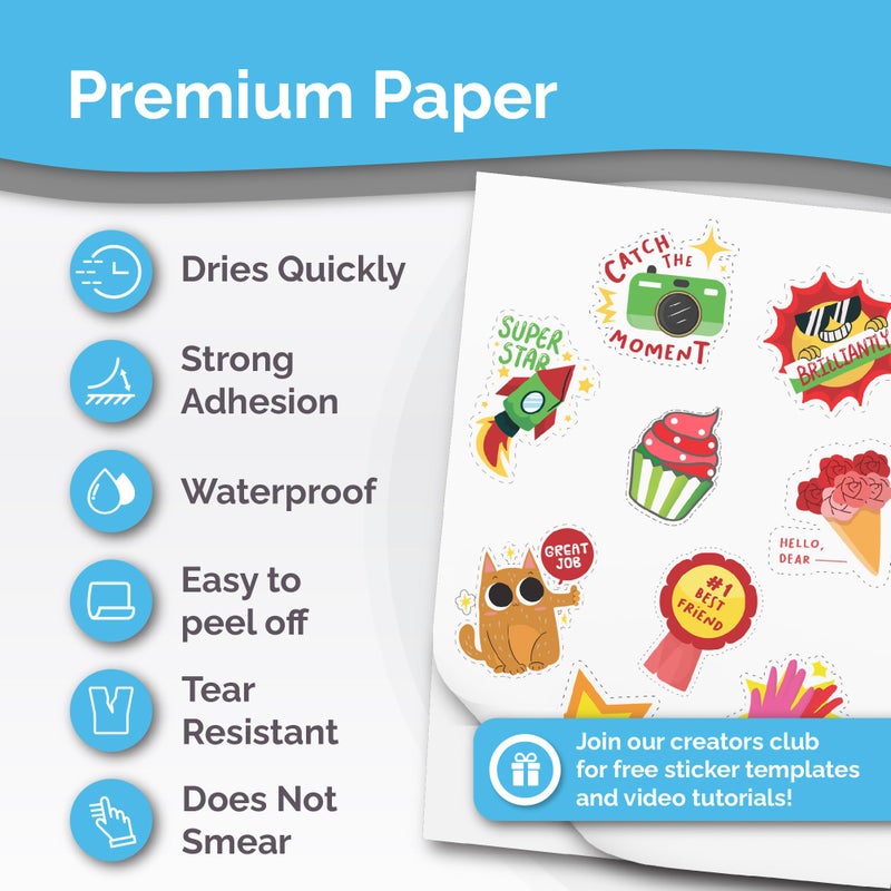 AgoDeo Premium Printable Vinyl Sticker Paper for Inkjet & Laser Printer - 32 Sheets Self-Adhesive Sheets Glossy White Waterproof, Dries Quickly Vivid Colors, Holds Ink well- Tear Resistant (Glossy) - Image 2
