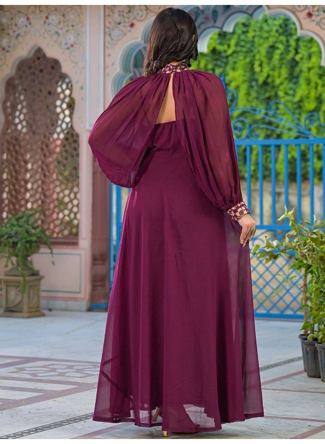 AKS Wine Maxi Dress With Flared Sleeve  - Image 4