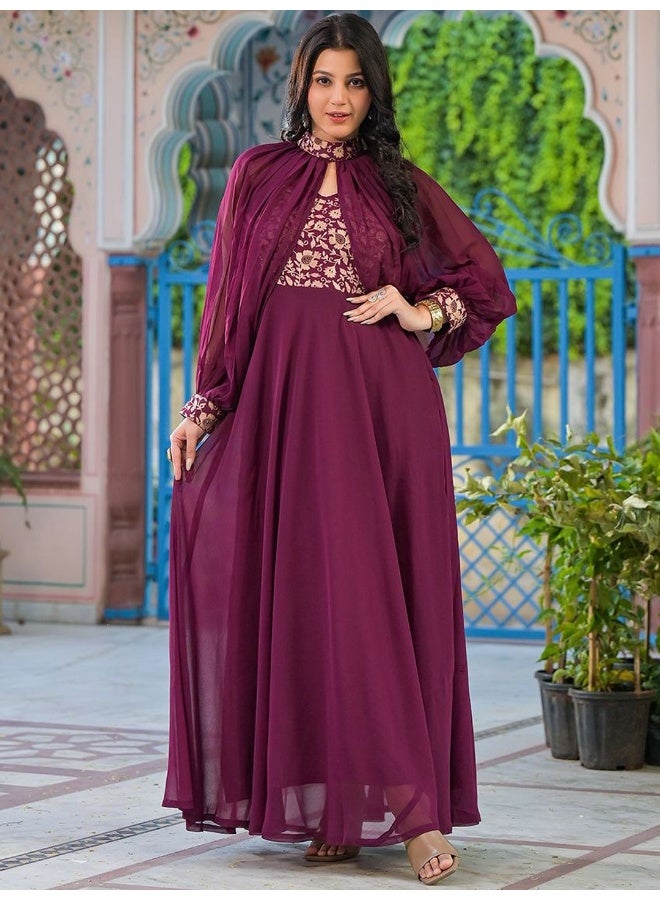AKS Wine Maxi Dress With Flared Sleeve  - Image 1