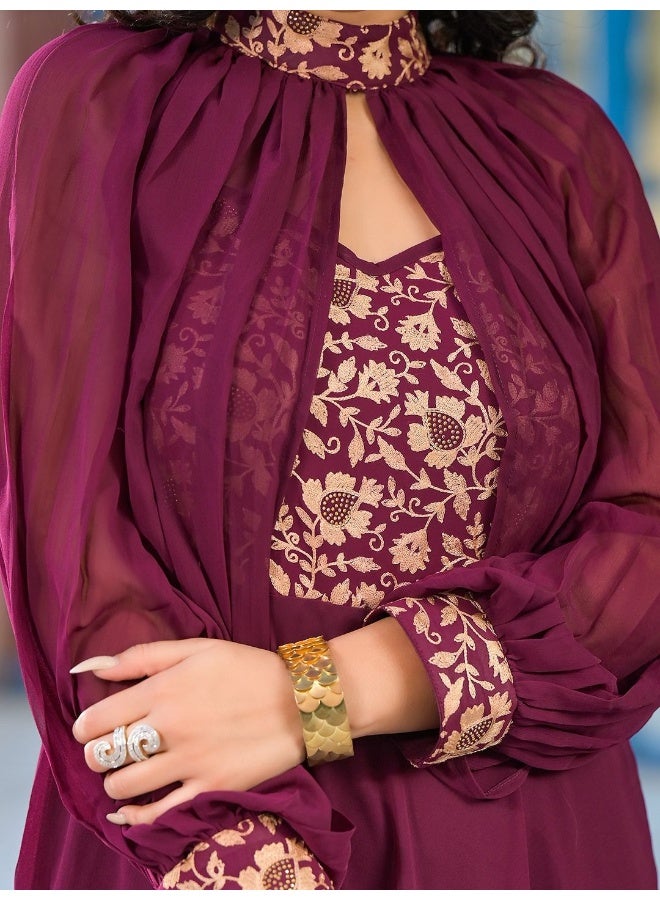 AKS Wine Maxi Dress With Flared Sleeve  - Image 2