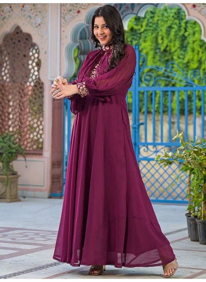 AKS Wine Maxi Dress With Flared Sleeve  - Image 5