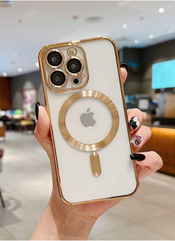 Generic - iPhone 15 Pro Max Clear Case with MagSafe Wireless Charging Compatible Back Cover with Electroplating Shockproof Frame-GOLD - Image 1