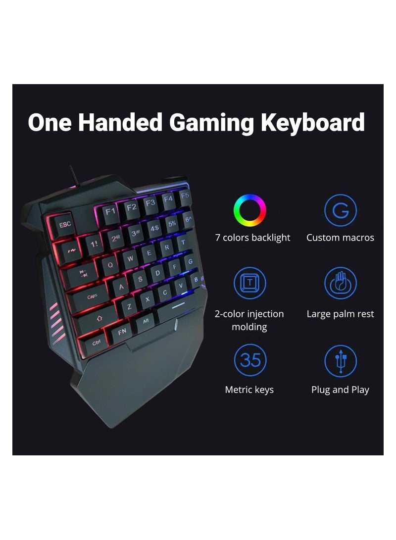 لوحة مفاتيح للألعاب بيد واحدة، 35 مفتاح بتقنية RGB مضيئة، لوحة مفاتيح ألعاب سلكية بتصميم مريح مع دعم للمعصم، مخصصة للاعبين على الكمبيوتر، لوحة مفاتيح متوافقة وصامتة بأضواء RGB للكمبيوتر. - Image 2
