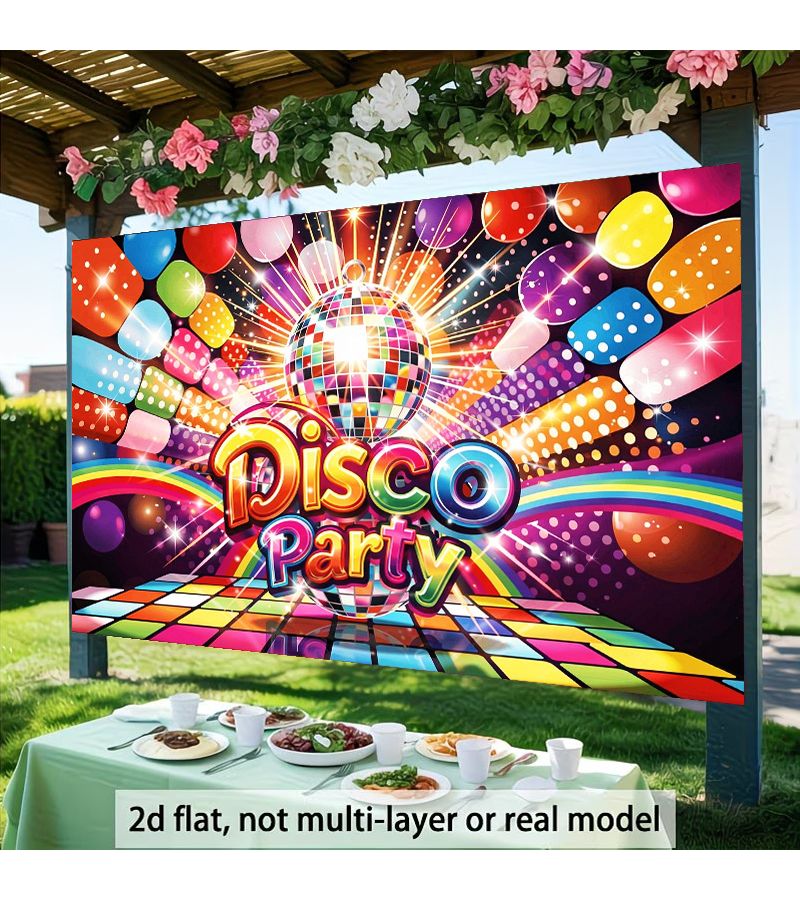 2D Flat Disco Party Banner 244x183cm 8x6ft Large Size Vibrant Colorful Photography Backdrop With Sparkling Disco Ball And Star Design Suitable For Indoor Outdoor Decoration Birthday Parties - Image 1