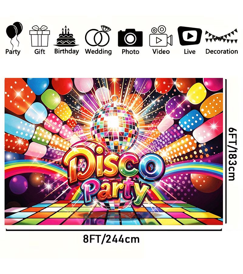 2D Flat Disco Party Banner 244x183cm 8x6ft Large Size Vibrant Colorful Photography Backdrop With Sparkling Disco Ball And Star Design Suitable For Indoor Outdoor Decoration Birthday Parties - Image 4