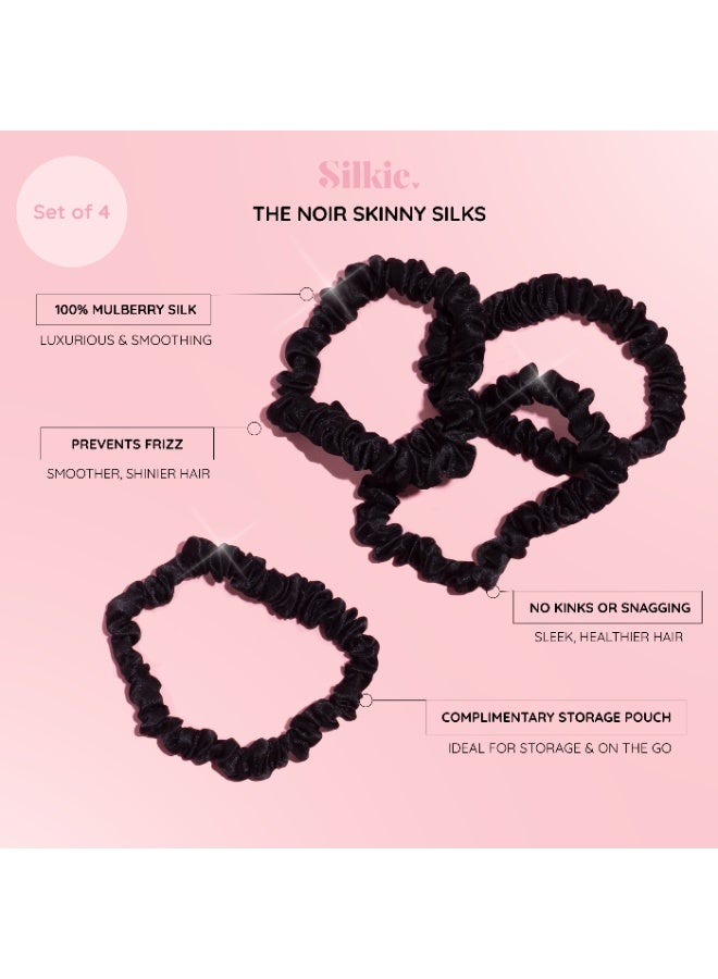 Silkie x4 Skinny Mulberry Silk Scrunchies – Soft No-Crease Hair Ties for Everyday Wear (Noir) - Image 2