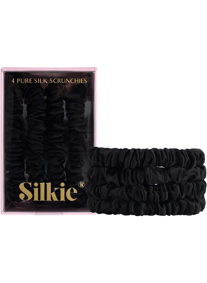 Silkie x4 Skinny Mulberry Silk Scrunchies – Soft No-Crease Hair Ties for Everyday Wear (Noir) - Image 1