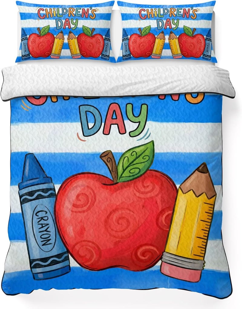 Closed & open space compatible King Quilt Set 96''x106'', Children's Day Summer Bedspread Coverlet Set with 2 Pillow Shams, Cartoon Pencil Watercolor Blue Striped Breathable All Season Quilt Bedding for Bedroom/Guest Room Ready varied options - Image 1