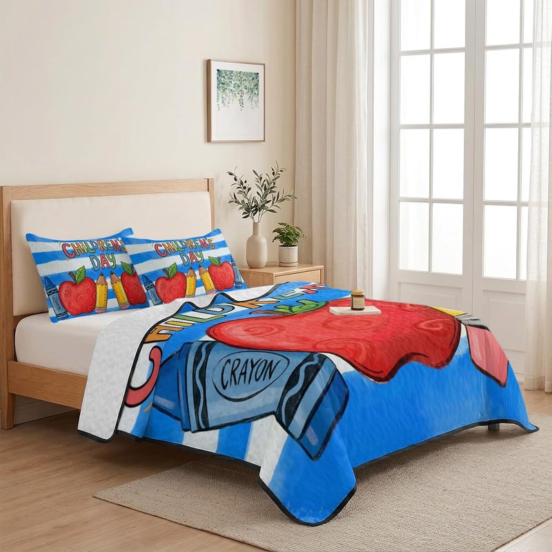 Closed & open space compatible King Quilt Set 96''x106'', Children's Day Summer Bedspread Coverlet Set with 2 Pillow Shams, Cartoon Pencil Watercolor Blue Striped Breathable All Season Quilt Bedding for Bedroom/Guest Room Ready varied options - Image 5