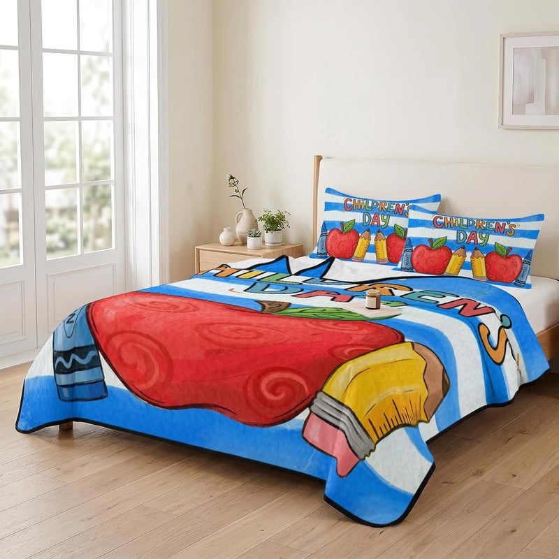 Closed & open space compatible King Quilt Set 96''x106'', Children's Day Summer Bedspread Coverlet Set with 2 Pillow Shams, Cartoon Pencil Watercolor Blue Striped Breathable All Season Quilt Bedding for Bedroom/Guest Room Ready varied options - Image 2